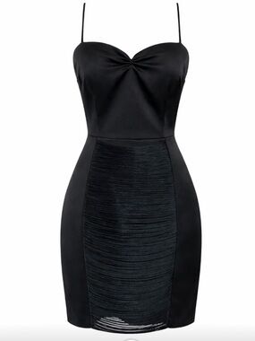 Keepsake Black Satin Cocktail Dress Spaghetti Straps Fringe Size Small